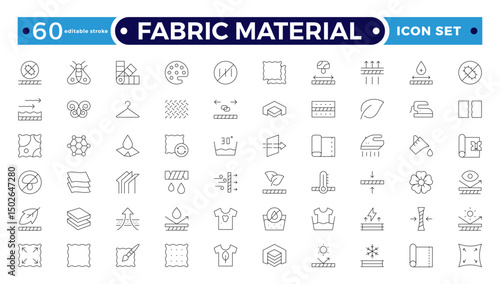 Fabric Material outline Icons set. Vector illustration of textile related icons: thermos, recycled, bamboo, product, industry, shop, leather, textile, cotton, wool. Editable stroke outline icon.
