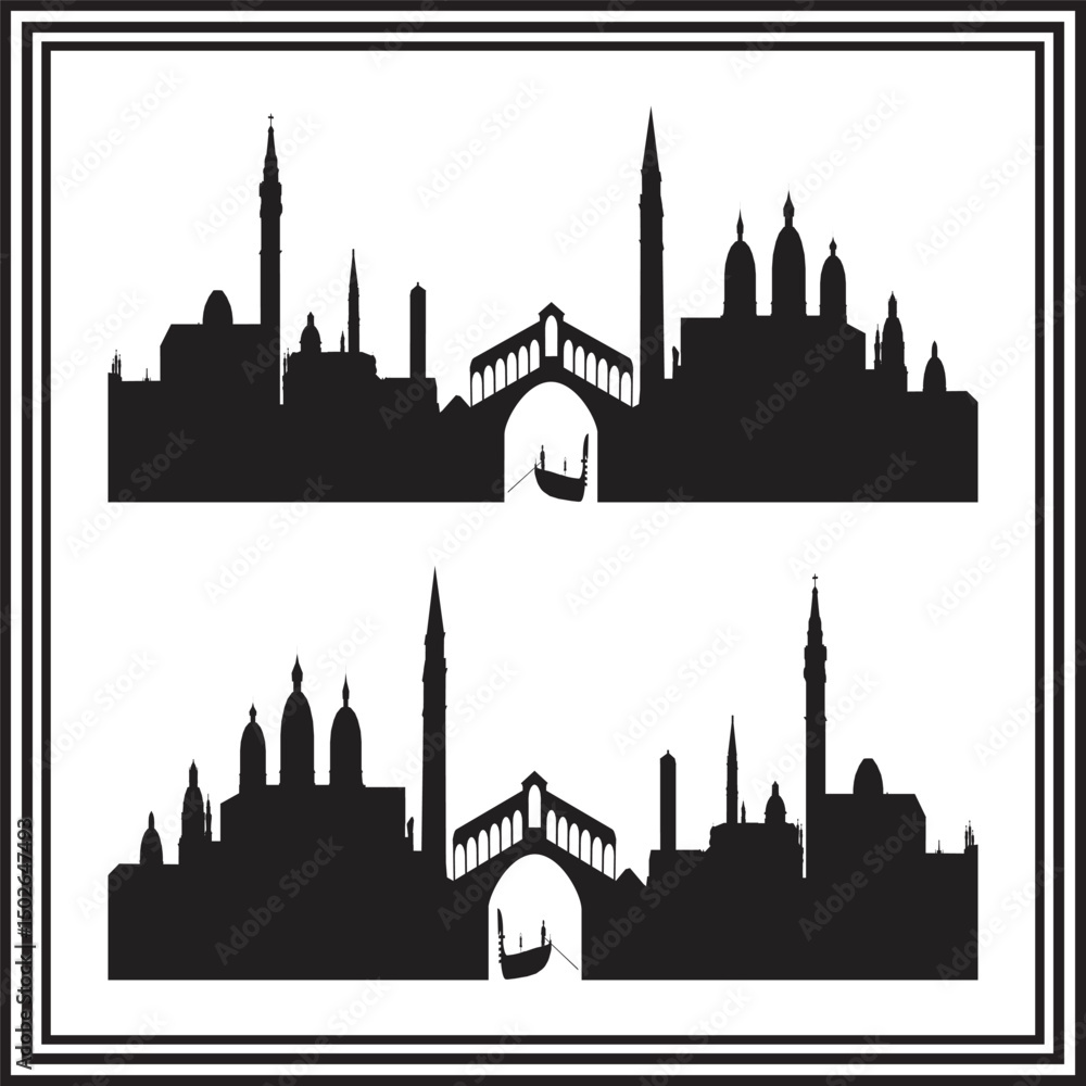 Naklejka premium Venice Skyline Silhouette with Rialto Bridge and Gondola – Vector Art