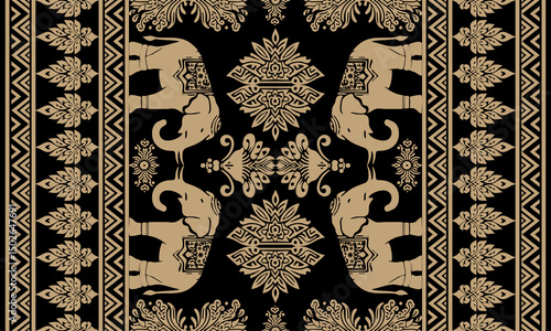 Tribal Ethnic indian Elephant Seamless pattern, Thai elephant, paisley, and hamsa. Ethnic indian elephant background Hand-drawn illustration. Design for Wallpaper, cloth, fabric, tissue, carpet