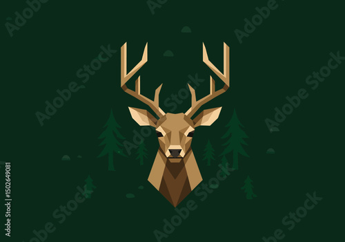 Geometric deer head logo in flat vector style, symmetrical antlers, forest green and tan colours.