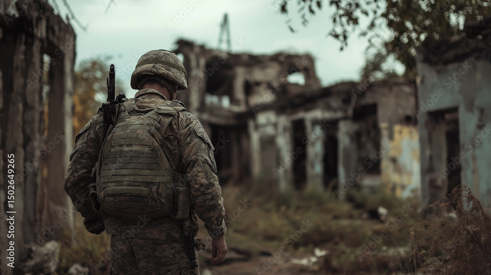 A soldier, facing away from the camera with a weapon in hand, walks through ruins, showcasing the desolation and tense atmosphere after the war. A soldier, facing away from the camera with a weapon in hand, walks through ruins, showcasing the desolation and tense atmosphere after the war.
