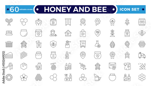Honey and Bee icon for bees, dipper stick with organic liquid honey for breakfast dessert thin black outline symbols vector illustration. Honey products, apiary. Editable stroke outline icon.
