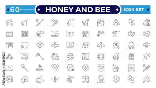Honey and Bee icon for bees, dipper stick with organic liquid honey for breakfast dessert thin black outline symbols vector illustration. Honey products, apiary. Editable stroke outline icon.
