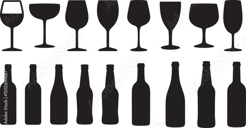 Collection of Wine and Beverage Glassware and Bottles Silhouettes