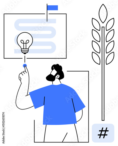 Man interacting with a glowing light bulb, growth icon, and tag symbol, suggesting innovation, growth, creativity, strategy, knowledge sharing, sustainability and a simple landing page