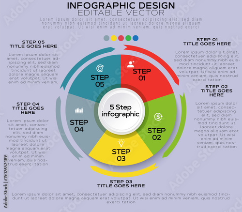Circular Infographic Design Template with Five Colored Wedges, Placeholder Text Areas, Light Purple Background, Arrows Connecting Steps for Process Visualization, Clear Structured Layout