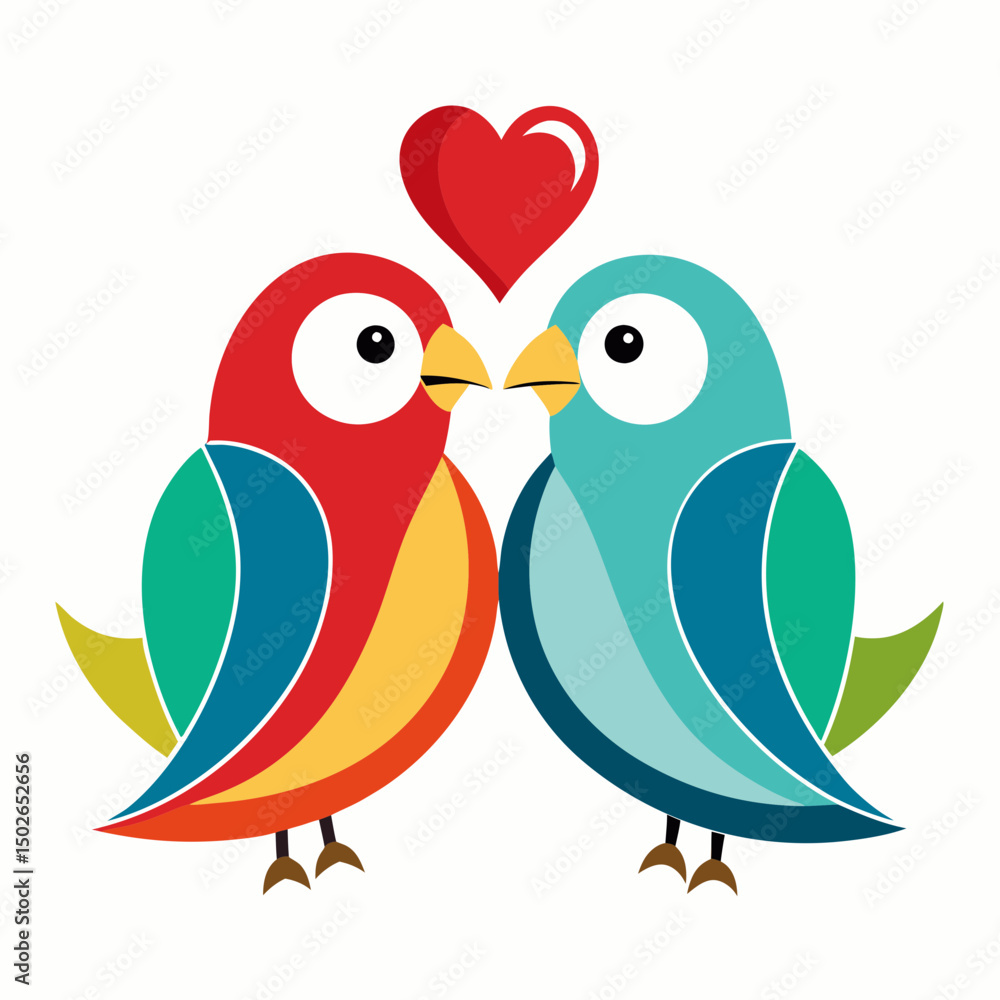 Obraz premium Lovebirds with heart-shaped feathers on a white background, perfect for Valentine’s Day designs, romantic themes, and love-themed digital projects.