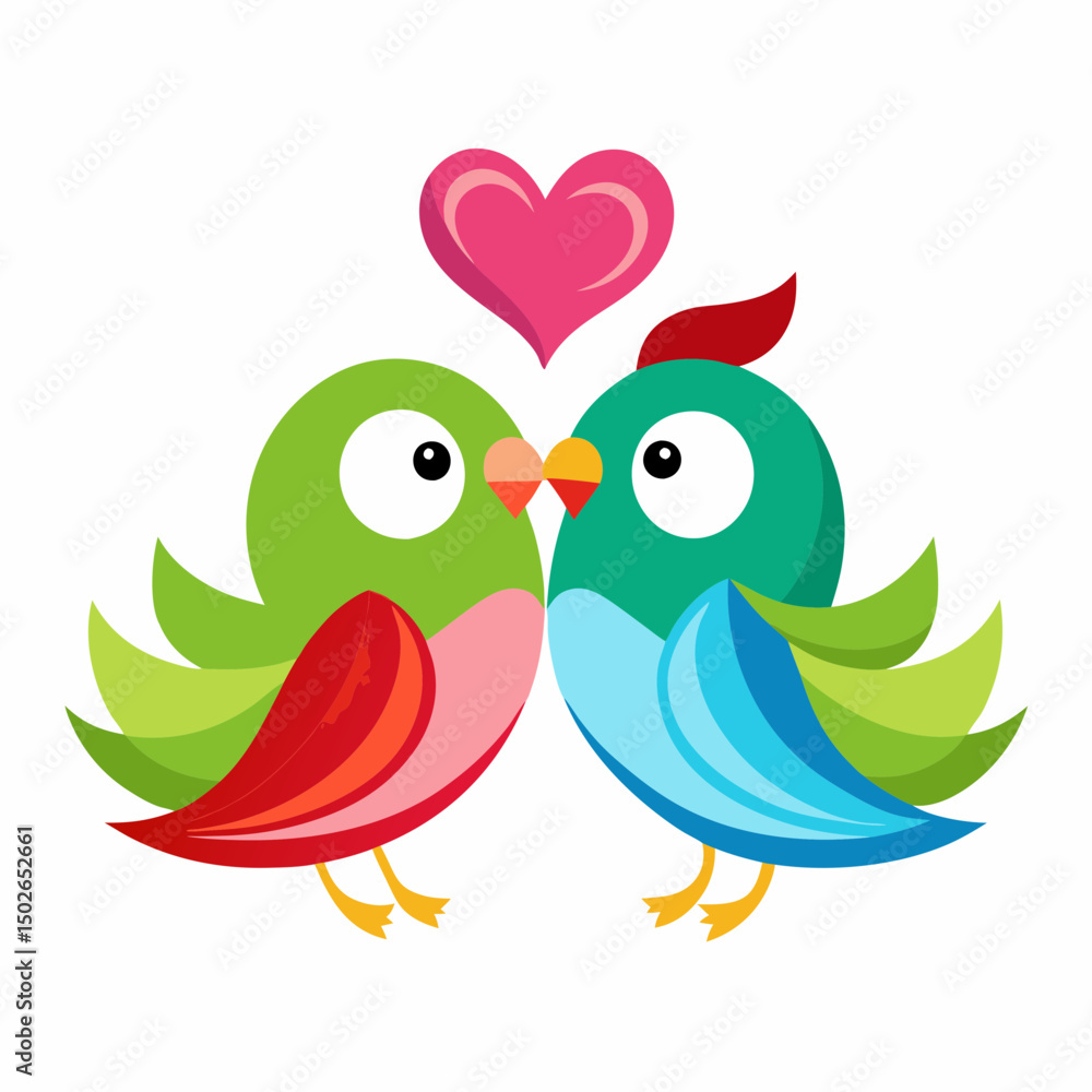 Fototapeta premium Lovebirds with heart-shaped feathers on a white background, perfect for Valentine’s Day designs, romantic themes, and love-themed digital projects.