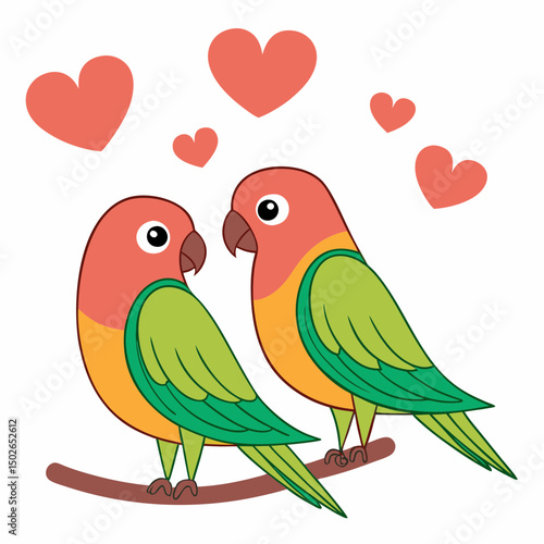 Lovebirds with heart-shaped feathers on a white background, perfect for Valentine’s Day designs, romantic themes, and love-themed digital projects.