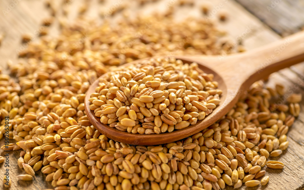 Obraz premium Golden brown wheat grains fill the frame, scooped by a light beige wooden spoon. Uniform 1-2mm grains with a matte, slightly glossy surface under bright, even lighting.