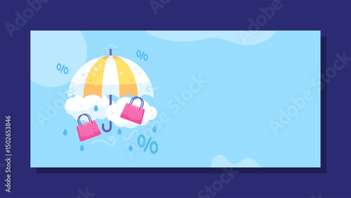 monsoon sale banner concept. background with illustration of umbrella with shopping bag and rain cloud. horizontal blue background. sales promotion, advertisement, discount offer