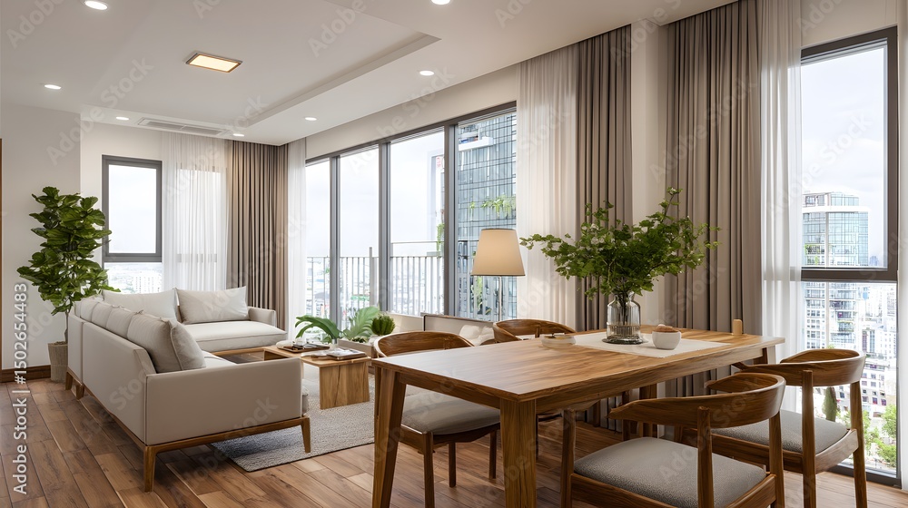 Fototapeta premium Open-plan living and dining space with Scandinavian furniture