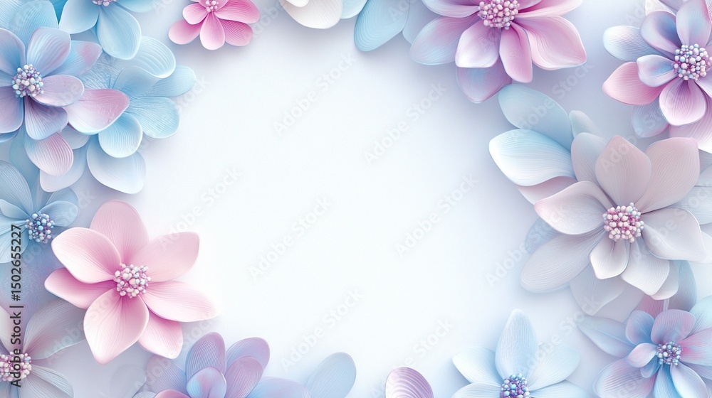 Pastel paper flowers in light blue and pink hues create a frame around a blank white center, offering a delicate and elegant design Pastel paper flowers in light blue and pink hues create a frame around a blank white center, offering a delicate and elegant design