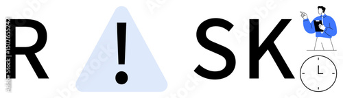 Bold text RISK featuring exclamation mark, clock symbolizing urgency, and businessperson with clipboard. Ideal for decision making, management, urgency, planning, awareness, analysis flat simple