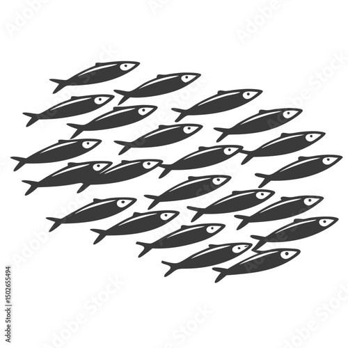 Minimalist line art of a school of sardines swimming together in perfect synchronized motion, ideal for modern, clean, and nature-inspired designs.