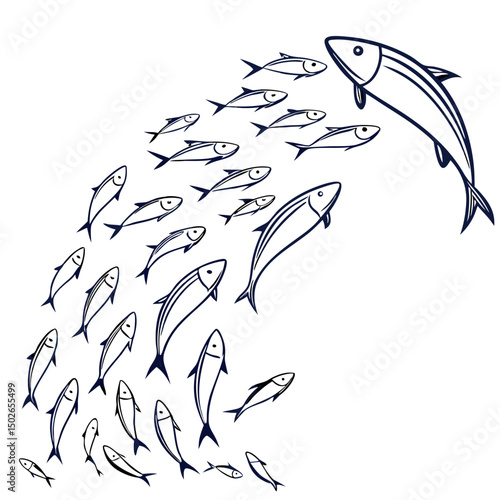 Minimalist line art of a school of sardines swimming together in perfect synchronized motion, ideal for modern, clean, and nature-inspired designs.