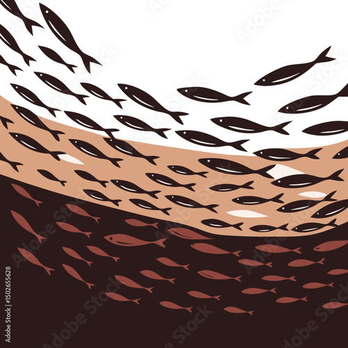 Minimalist line art of a school of sardines swimming together in perfect synchronized motion, ideal for modern, clean, and nature-inspired designs.