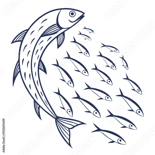 Minimalist line art of a school of sardines swimming together in perfect synchronized motion, ideal for modern, clean, and nature-inspired designs.