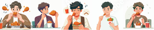 vector of a young man eating fried chicken