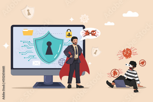Businessman Shielding Online Information and Critical Systems from Malware Threats and Sophisticated Hacker Infiltrations.