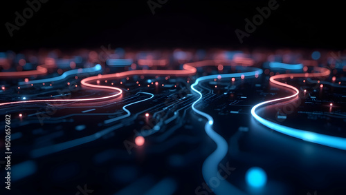 Digital Background Glowing fiber optic threads stream across a dark tech surface, forming interwoven paths