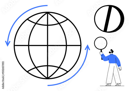 Large globe with arrows symbolizes global interaction and exchange. A person examines geometrical shapes and concepts. Ideal for technology, communication, globalization, education, analysis, data