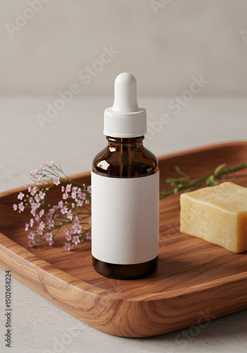 Amber glass dropper bottle with blank label, small flowers, and soap
