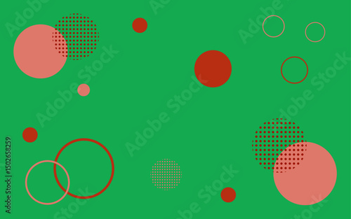 Abstract Christmas background. Red circles on green background. Vector illustration. Horizontal geometric banner with place for text. Festive rectangular flyer for sale. Poster.