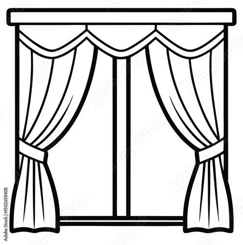A simple line drawing of a window draped with elegant curtains. The curtains are tied back with decorative knots on each side, and the top of the window features a scalloped valance.