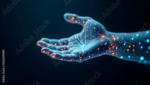 Digital Background A semi-transparent AI hand shows flowing data veins and illuminated circuits under its surface, symbolizing artificial intelligence in action (3)