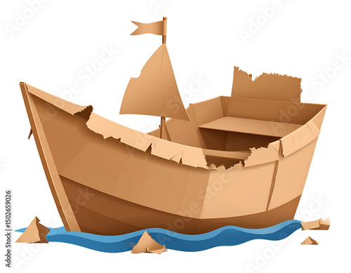 A dilapidated cardboard boat afloat, showing wear and tear, partially submerged in water