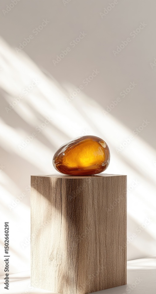 Obraz premium Amber gemstone on light wood cube, sunlit