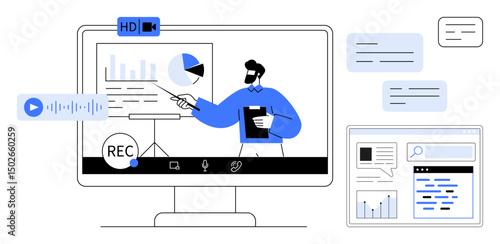 Person giving an online presentation using charts, graphs, and notepad, with video recording, microphone, and messaging tools. Ideal for remote work, webinar, e-learning data sharing teamwork