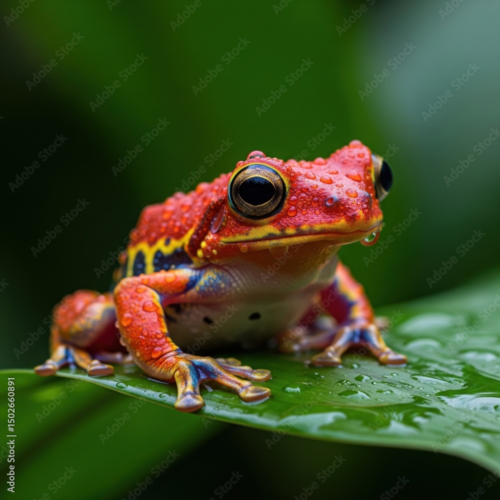 Obraz premium Colorful red frog perched on a vibrant green leaf with water droplets in the nature setting