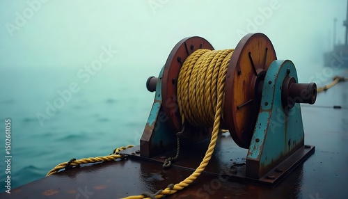 Rusty mooring bollard with ship ropes, rusty pier, weathered winch with faded yellow ropes, early mooring, created with generative ai