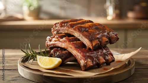 Grilled BBQ ribs, smoky char, spices, on wood with sauce, lemon, blurred patio background, Roasted ribs in a tray with herbs and spices, created with generative ai