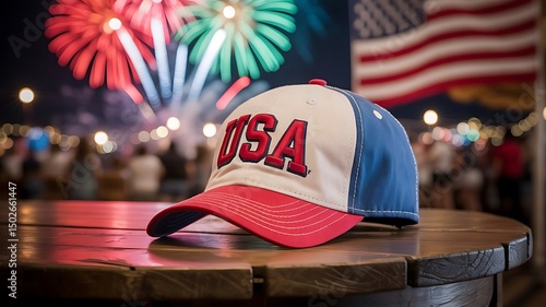 JULY 4th baseball cap on table. Festive background with fireworks, USA firework, rocket and stars. Happy Independence Day. Fourth of July. 4th of July Banner., created with generative ai