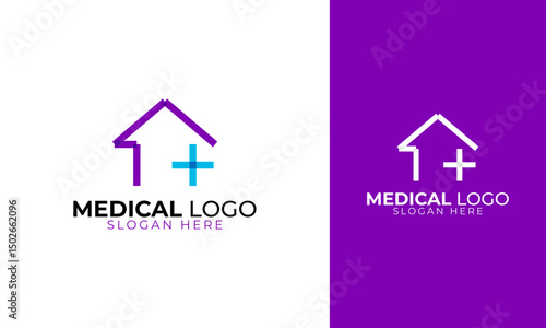 Minimal medical logo design. Healthy symbol with house and plus icon for clinic