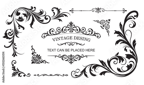 Ornate Vintage Frames and Scroll Elements. Classic Calligraphy Swirls, Flourishes, and Floral Motifs. Ideal for Invitations, Menus, Certificates, and Elegant Design Projects.eps