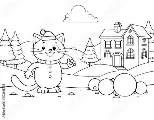 Cheerful Cat Playing Snowballs – Fun Winter Scene with Snowman & Snowy Street