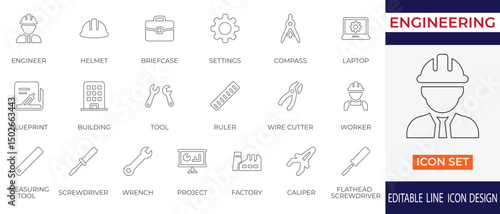Clean line “Engineering Icon Set” featuring tools, mechanics, drafting, machinery, and technical workflow symbols for industry, apps, and infographics.