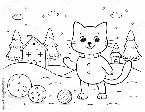 Coloring pages with cheerful cat playing snowballs on the street winter since background snow and snowman 