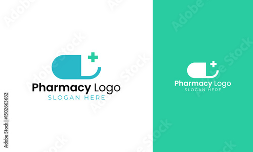 Pharmacy logo design. Medicine capsule symbol with cross icon and simple style for health vitamins