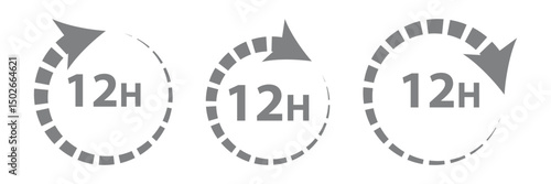 12 hours service vector symbol. 12h service duration sign. 12 h discount offer icon set. Fast 12hr support sign collection.