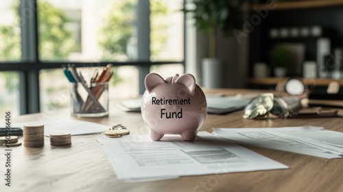 Planning Retirement Savings Piggy Bank on Desk with Documents