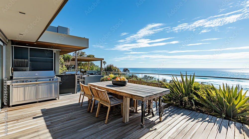Fototapeta premium Oceanfront Luxury Deck with Outdoor Kitchen and Dining