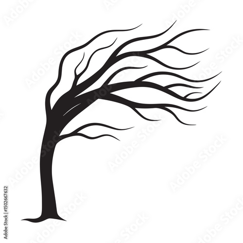 Windblown Tree With Bending Trunk Silhouette