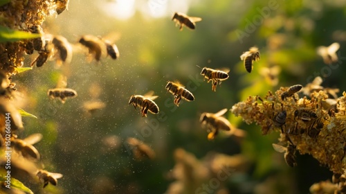 A swarm of bees forming a bridge between flowers, bathed in golden light. Nature's delicate harmony in motion.