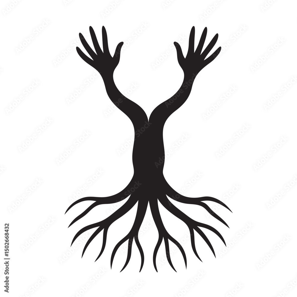 Tree With Roots Forming Hands Silhouette Tree With Roots Forming Hands Silhouette