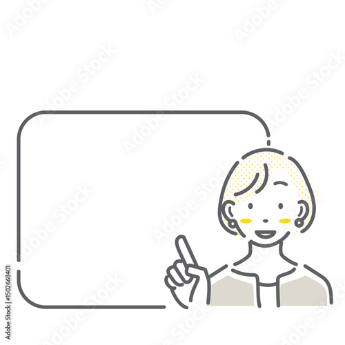 笑顔の女性とフレームのセット　シンプルでお洒落な線画イラスト